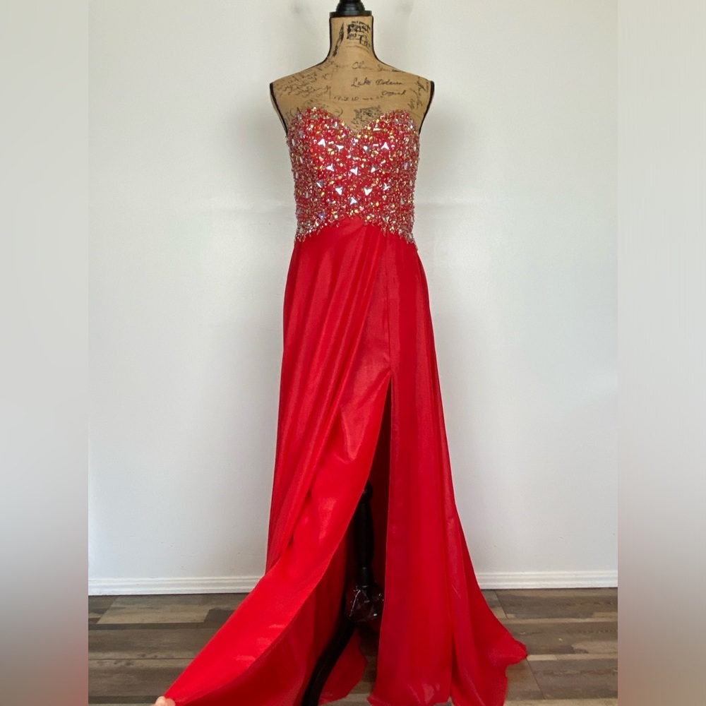 Mori Lee By Madeline Gardner Sequin Jewell Gown Prom Dress 5/6 Red Strapless Y2K